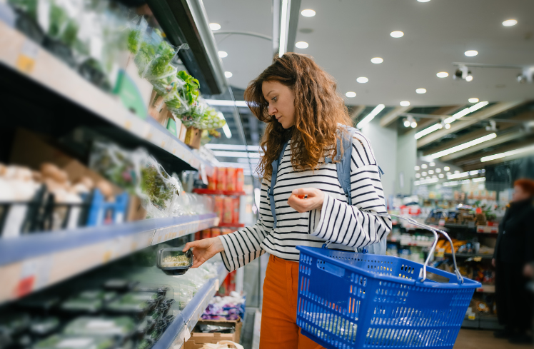 Protection-Product-Recall_v2 Woman grocery shopping with a basket and looking at produce