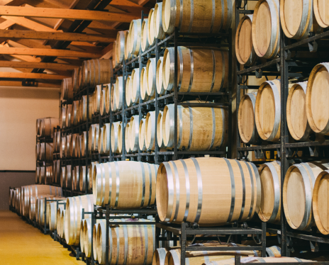 Wine barrels stacked on racks