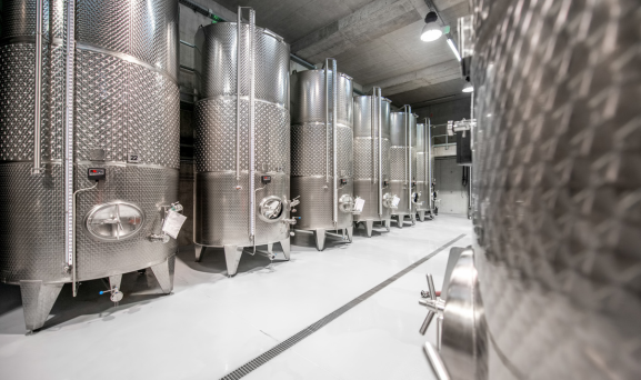 Wine-Inventory-Safeguard-Inventory Row of silver wine tanks
